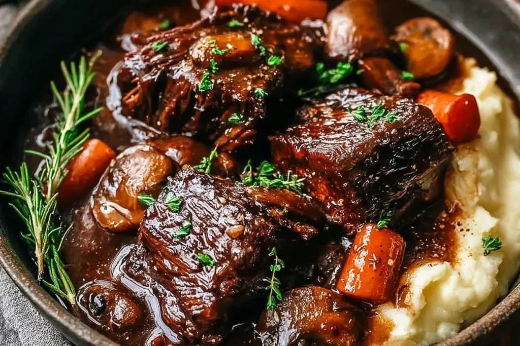Super Tender Crockpot Beef Short Ribs with carrots, mushrooms, and rich gravy served over creamy mashed potatoes in a rustic bowl.