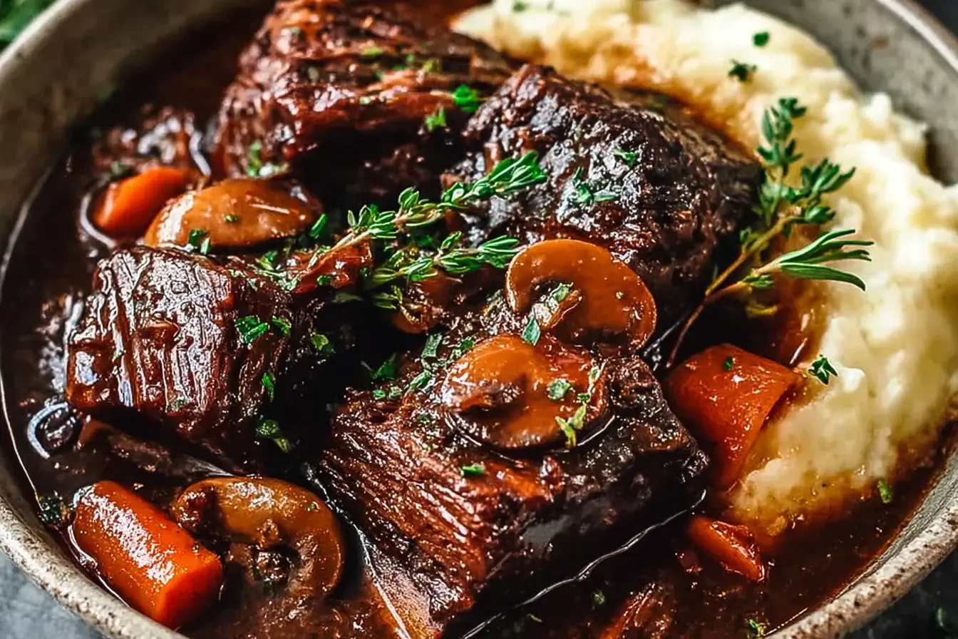 Super Tender Crockpot Beef Short Ribs served over creamy mashed potatoes with mushrooms, carrots, and fresh herbs in rich slow-cooked gravy.