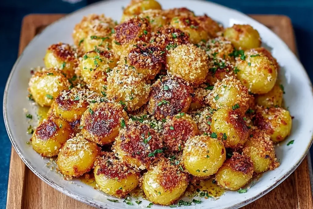 Crispy Parmesan Crusted Baby Potatoes served on a white plate, golden and crunchy with a sprinkle of fresh herbs and melted Parmesan.