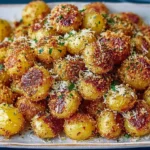 Crispy Parmesan Crusted Baby Potatoes baked golden brown and sprinkled with fresh parsley and cheese on a white serving plate.