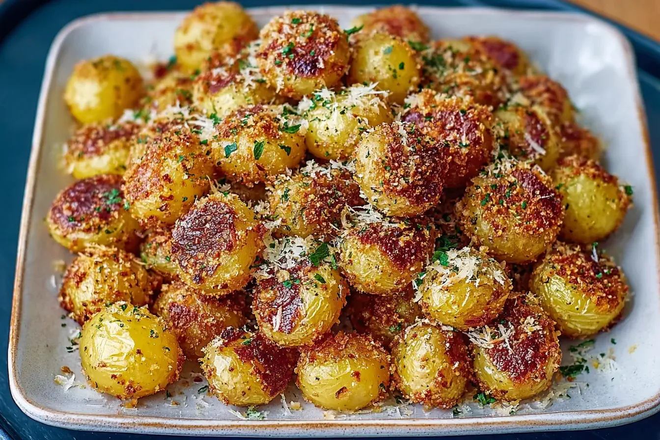 Crispy Parmesan Crusted Baby Potatoes baked golden brown and sprinkled with fresh parsley and cheese on a white serving plate.