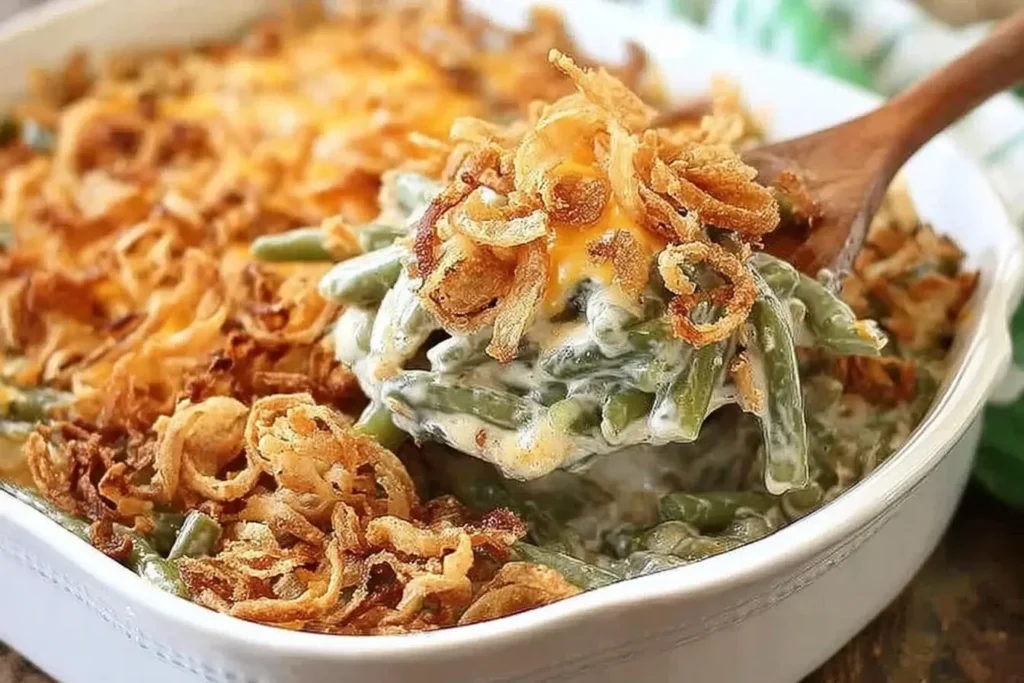 Creamy Green Bean Casserole being served with a wooden spoon, topped with melted cheese and crispy fried onions in a white baking dish.