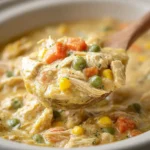 Creamy Crock Pot Chicken Pot Pie filling with shredded chicken, peas, carrots, and corn in a slow cooker.