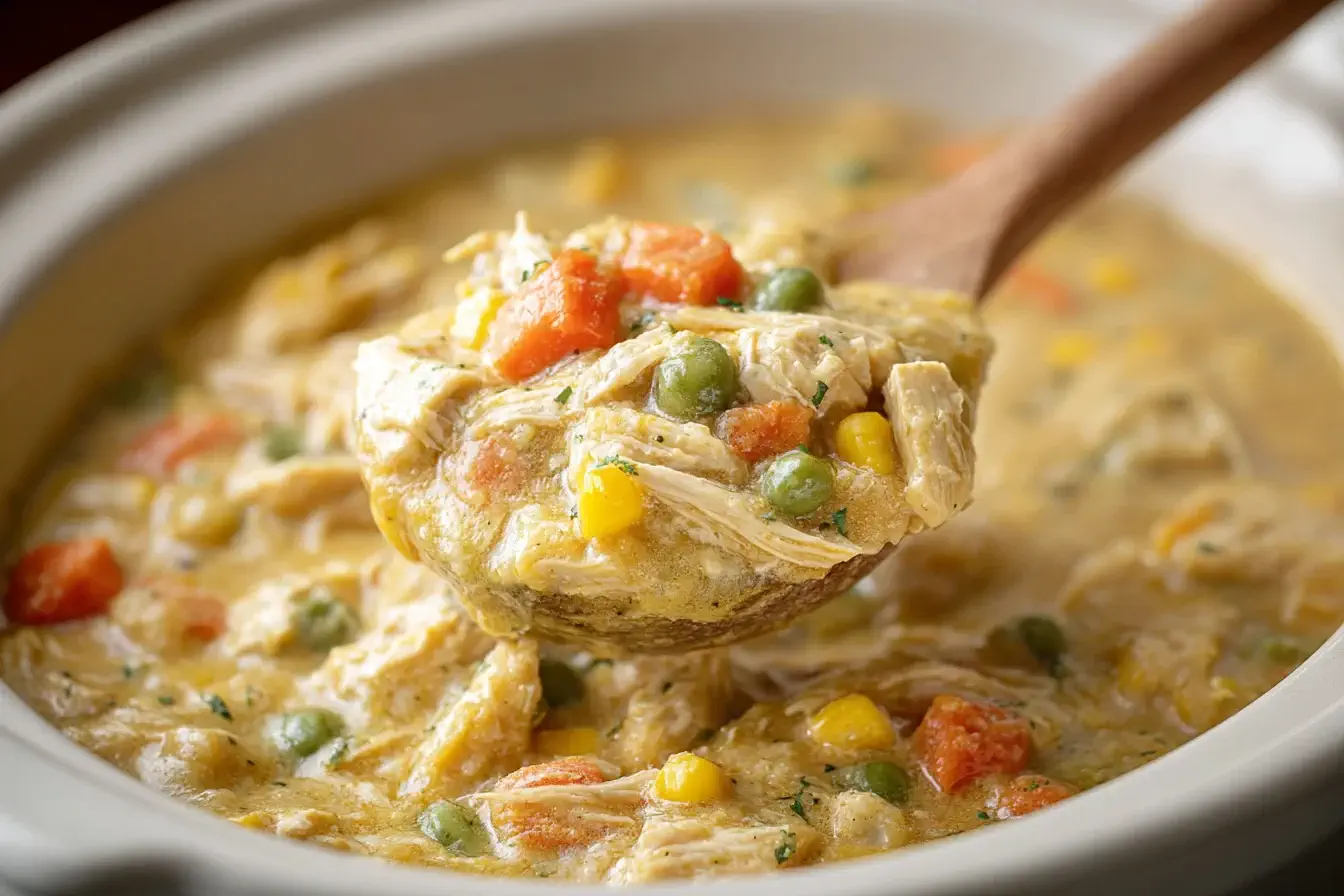 Creamy Crock Pot Chicken Pot Pie filling with shredded chicken, peas, carrots, and corn in a slow cooker.