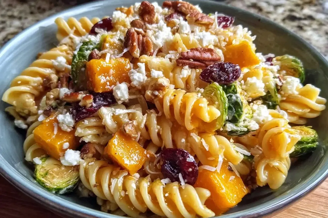 Close-up of Fall Harvest Pasta Salad with roasted butternut squash, Brussels sprouts, cranberries, pecans, and feta in a cozy autumn bowl.