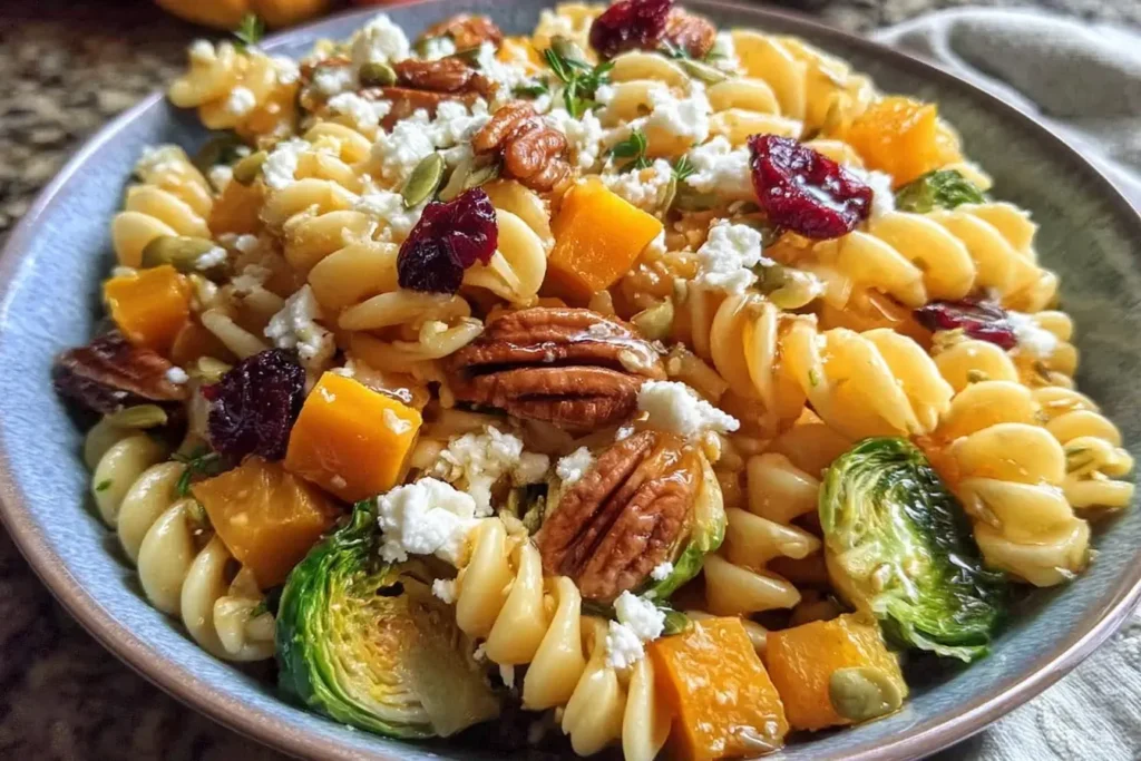 Close-up bowl of Fall Harvest Pasta Salad featuring roasted butternut squash, Brussels sprouts, cranberries, pecans, and feta for a colorful autumn meal.