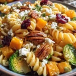 Close-up bowl of Fall Harvest Pasta Salad featuring roasted butternut squash, Brussels sprouts, cranberries, pecans, and feta for a colorful autumn meal.