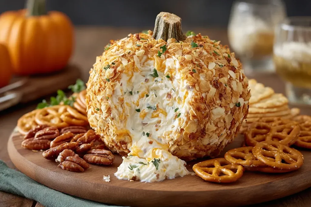 Pumpkin Cheese Ball covered in crushed crackers and herbs, served with pretzels, pecans, and crackers on a wooden platter for a fall appetizer.