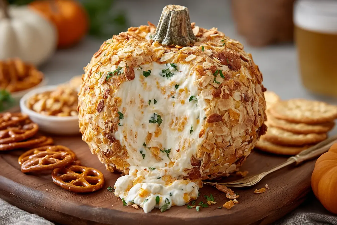 Creamy Pumpkin Cheese Ball coated with crushed crackers and herbs, served with pretzels and crackers on a wooden board.