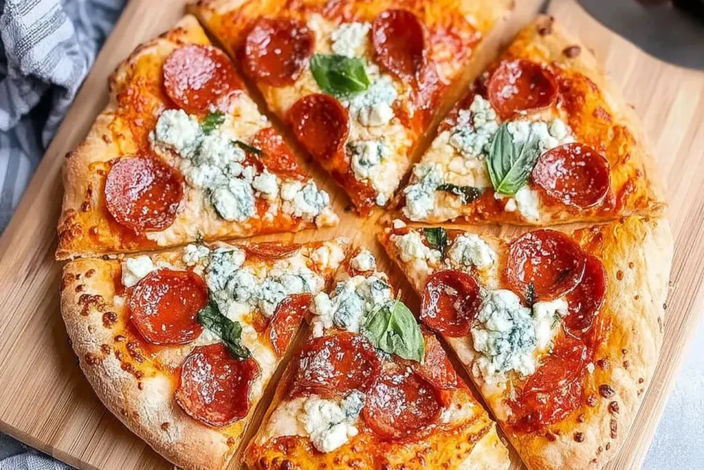 Hot Honey Pepperoni Ricotta Pizza with crispy pepperoni, creamy ricotta, and fresh basil on a golden crust.