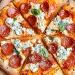 Hot Honey Pepperoni Ricotta Pizza with crispy pepperoni, creamy ricotta, and fresh basil on a golden crust.
