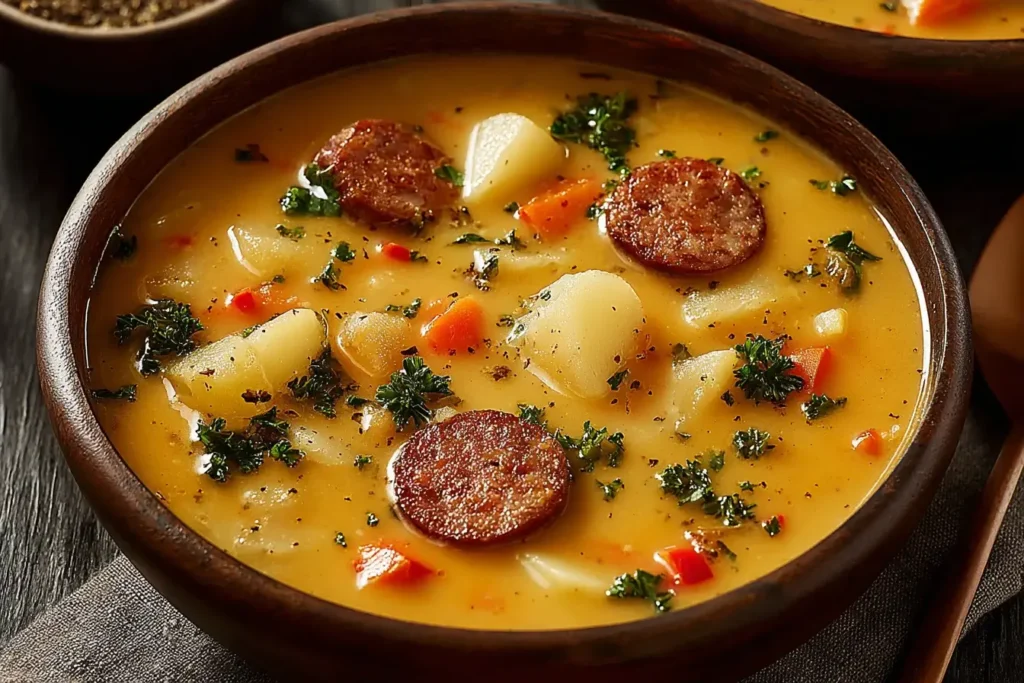 Bowl of Slow Cooker Cajun Potato Soup with sausage, potatoes, carrots, and herbs in a creamy spicy broth