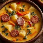 Warm bowl of Slow Cooker Cajun Potato Soup with sausage, potatoes, and vegetables in a creamy Cajun-spiced broth