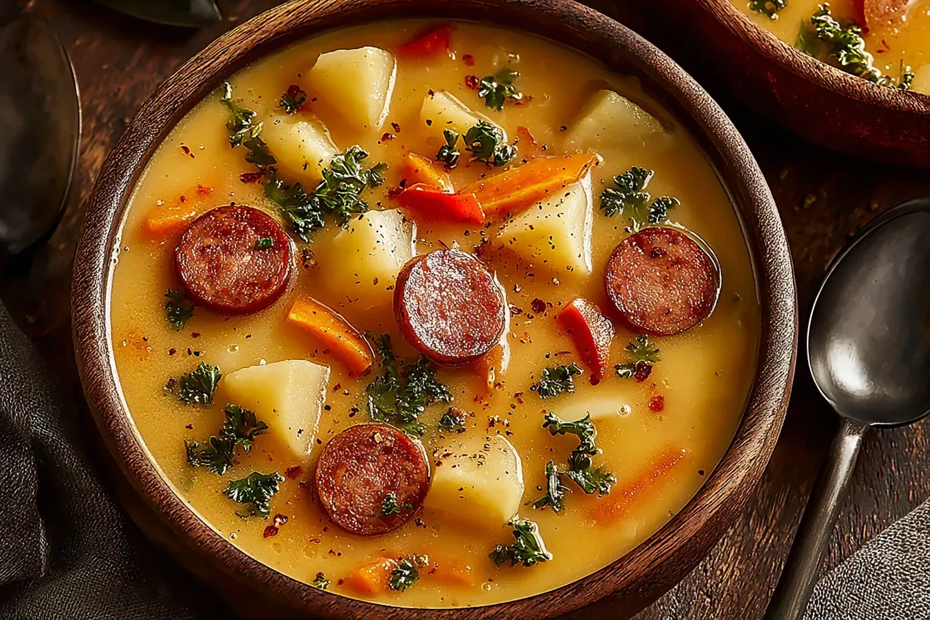 Warm bowl of Slow Cooker Cajun Potato Soup with sausage, potatoes, and vegetables in a creamy Cajun-spiced broth