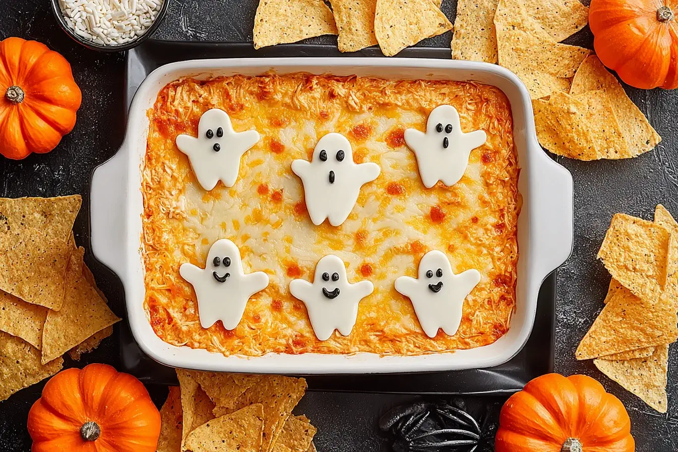 Spooky Halloween Buffalo Chicken Dip topped with ghost-shaped cheese and served with tortilla chips.