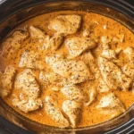 Slow Cooker Honey Mustard Chicken simmering in a rich, creamy honey mustard sauce inside a black crockpot.