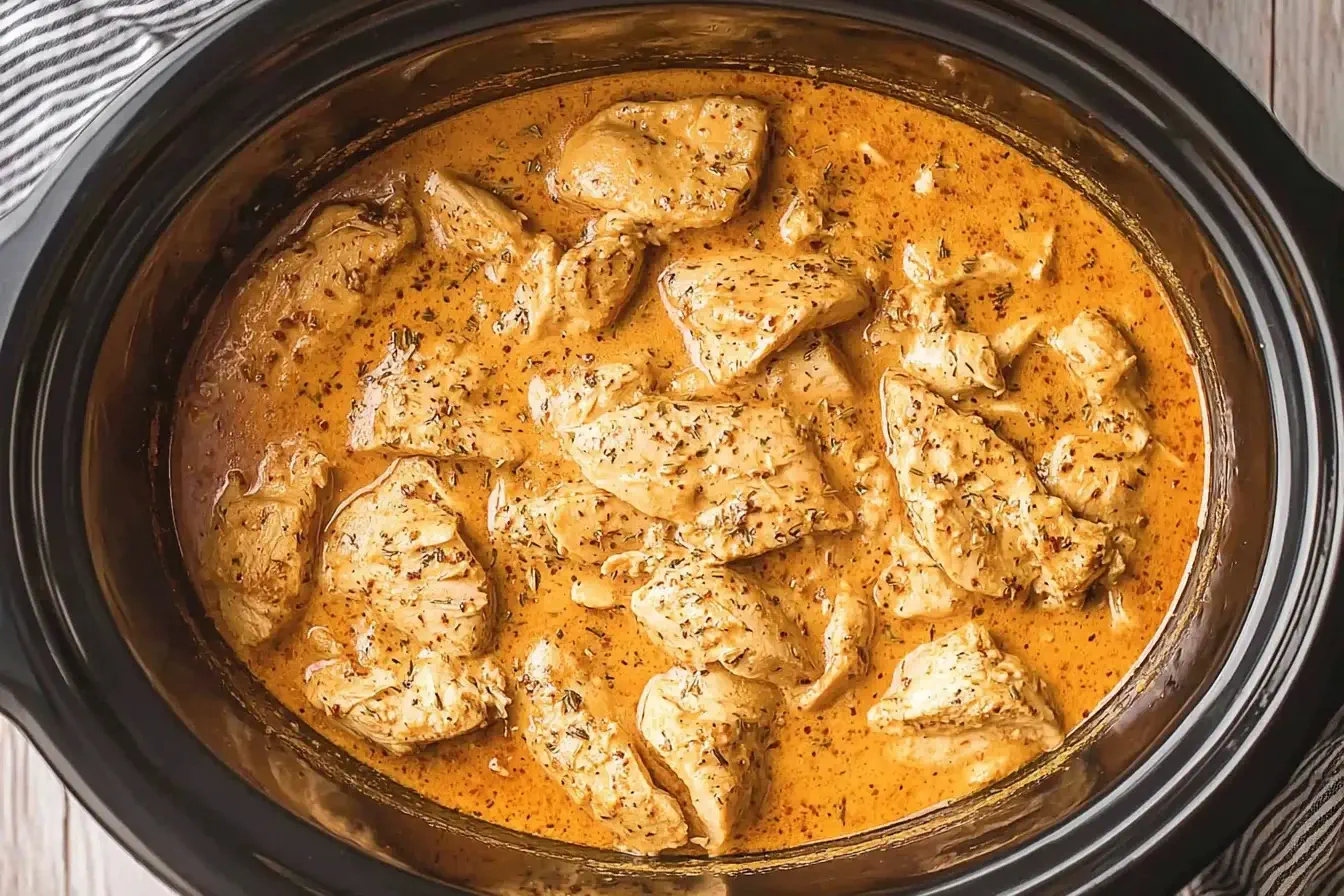 Slow Cooker Honey Mustard Chicken simmering in a rich, creamy honey mustard sauce inside a black crockpot.