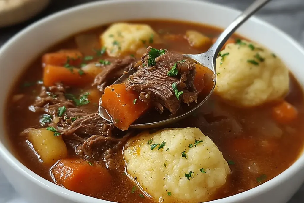 Close-up of hearty Beef Stew and Dumplings in a white bowl, with tender beef, carrots, and fluffy dumplings on a spoon