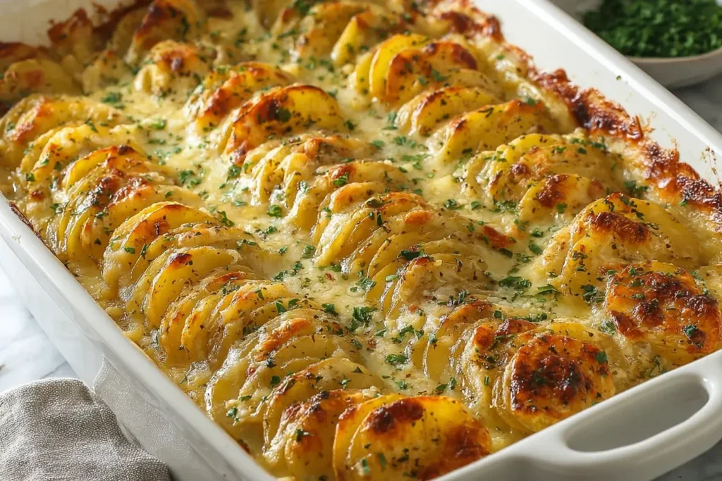 Close-up of creamy cheesy scalloped potatoes baked in a white dish with golden, crispy edges and sprinkled parsley on top.