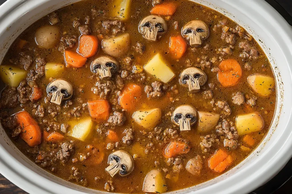 Top view of Witches Brew Stew with skull-shaped mushrooms, tender beef, carrots, and potatoes simmering in a flavorful slow-cooked broth.