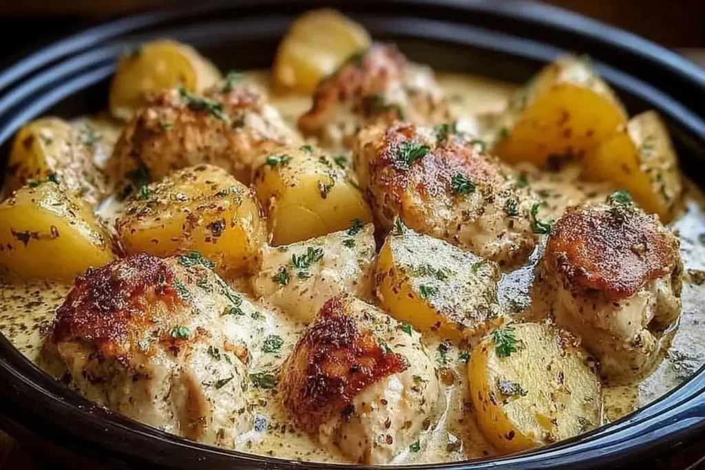Golden Garlic Parmesan Crockpot Chicken and Potatoes simmered in a creamy garlic-butter sauce with herbs and tender baby potatoes.