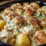 Creamy Garlic Parmesan Crockpot Chicken and Potatoes with golden-brown chicken pieces, tender potatoes, and a rich, cheesy garlic sauce.