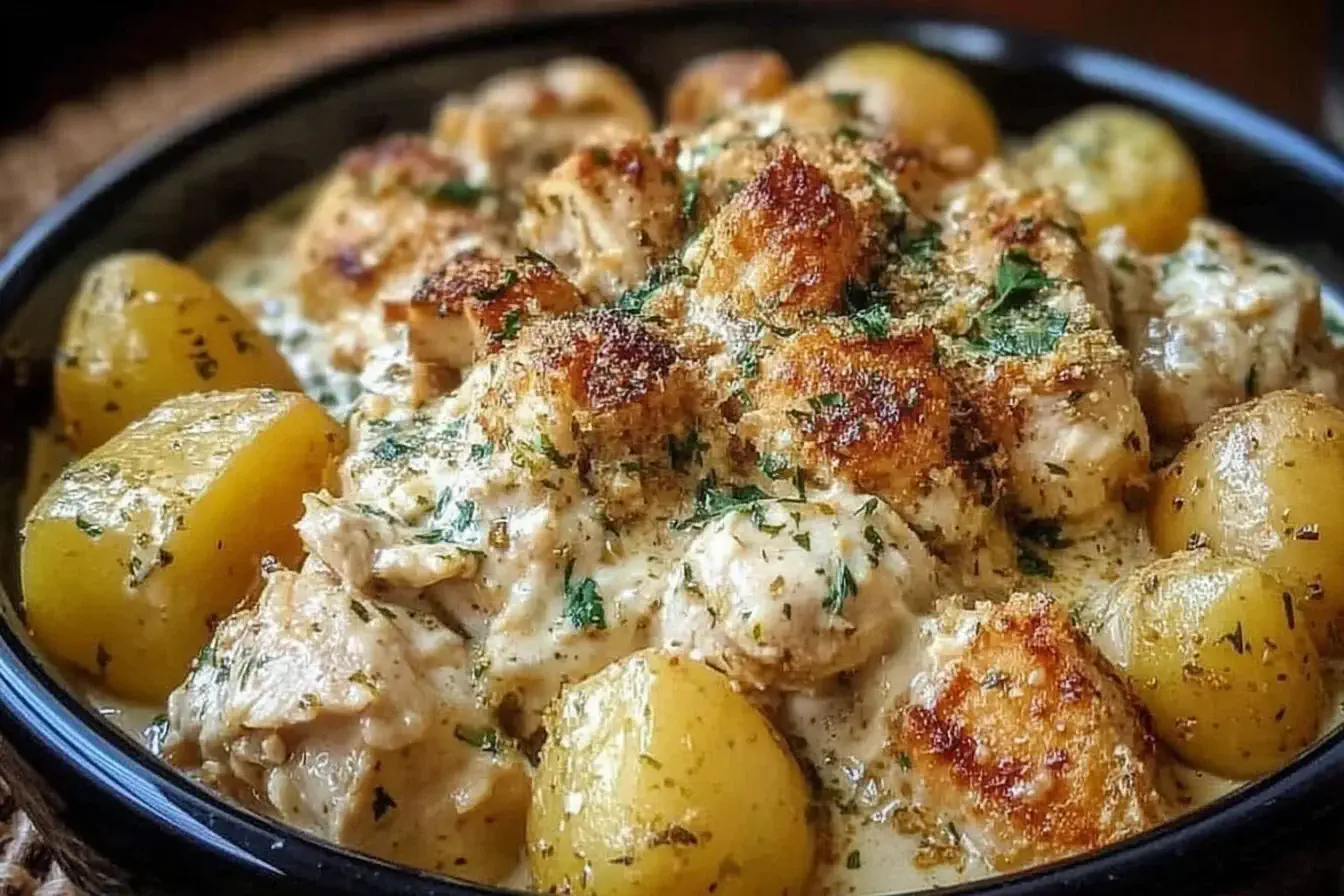 Creamy Garlic Parmesan Crockpot Chicken and Potatoes with golden-brown chicken pieces, tender potatoes, and a rich, cheesy garlic sauce.