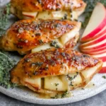 Maple Glazed Apple and Brie Stuffed Chicken with melted brie, sweet apples, and maple-thyme glaze on a serving plate