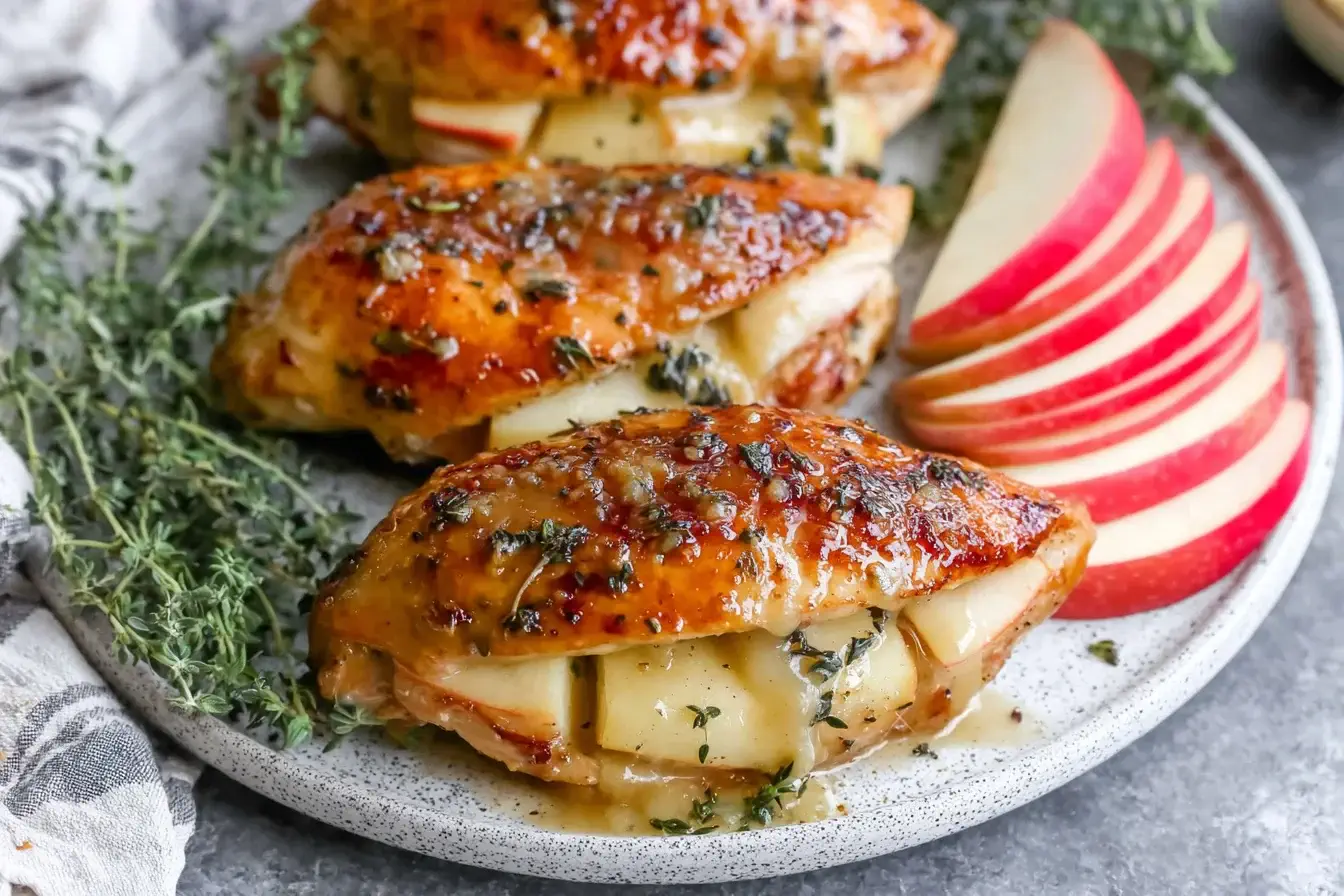 Maple Glazed Apple and Brie Stuffed Chicken with melted brie, sweet apples, and maple-thyme glaze on a serving plate