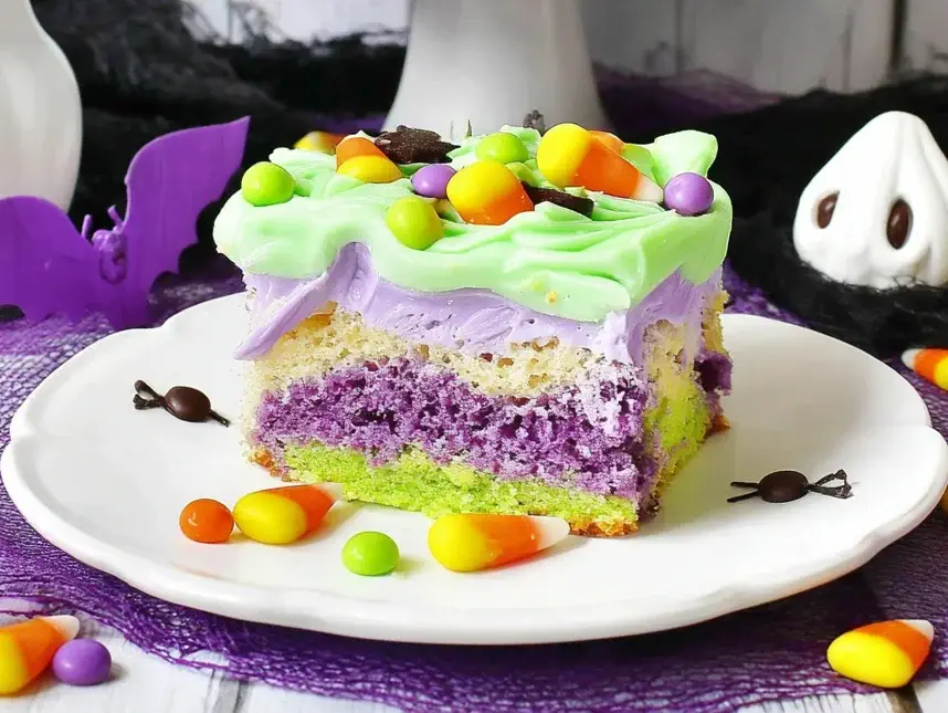 Slice of Halloween Poke Cake with purple and green layers, topped with colorful candy and green frosting.