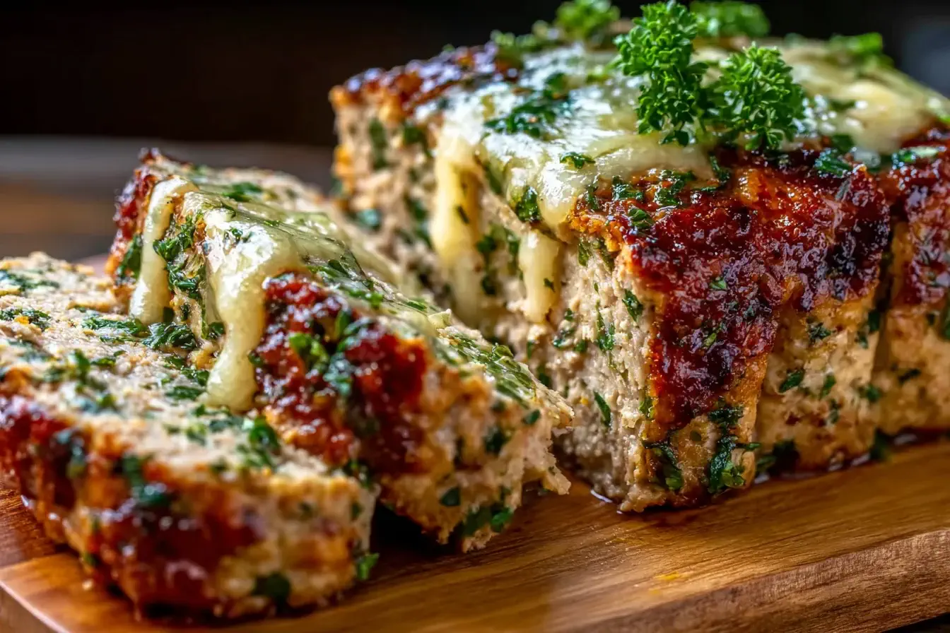 Juicy Garlic Parmesan Chicken Meatloaf topped with melted cheese and fresh parsley slices on a wooden board.