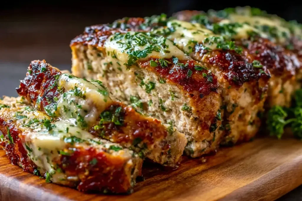 Juicy Garlic Parmesan Chicken Meatloaf topped with melted cheese and fresh parsley slices on a wooden board.