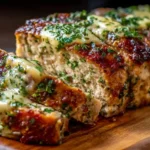 Juicy Garlic Parmesan Chicken Meatloaf topped with melted cheese and fresh parsley slices on a wooden board.