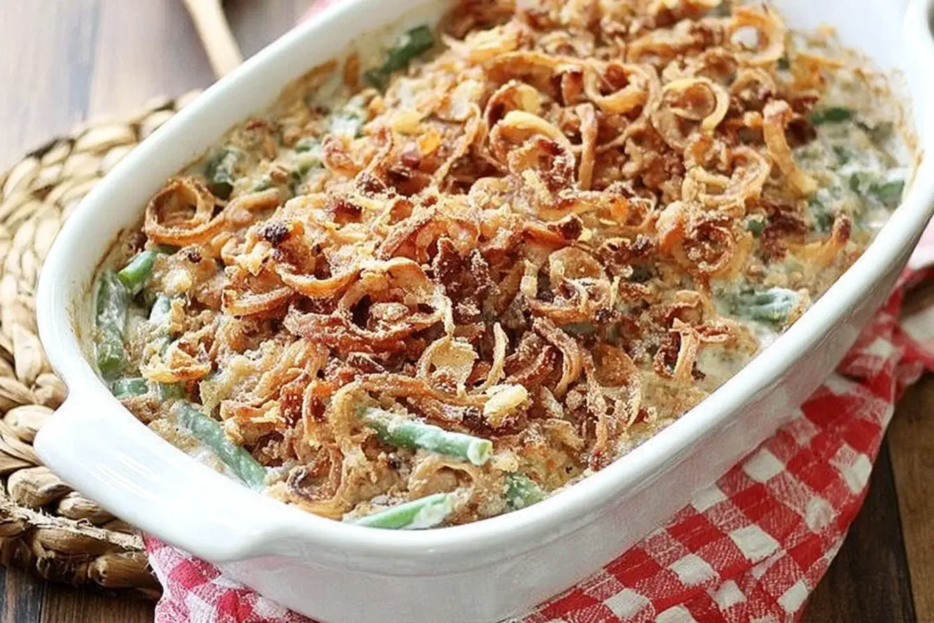 Homemade Green Bean Casserole topped with crispy fried onions in a white baking dish on a red checkered cloth.