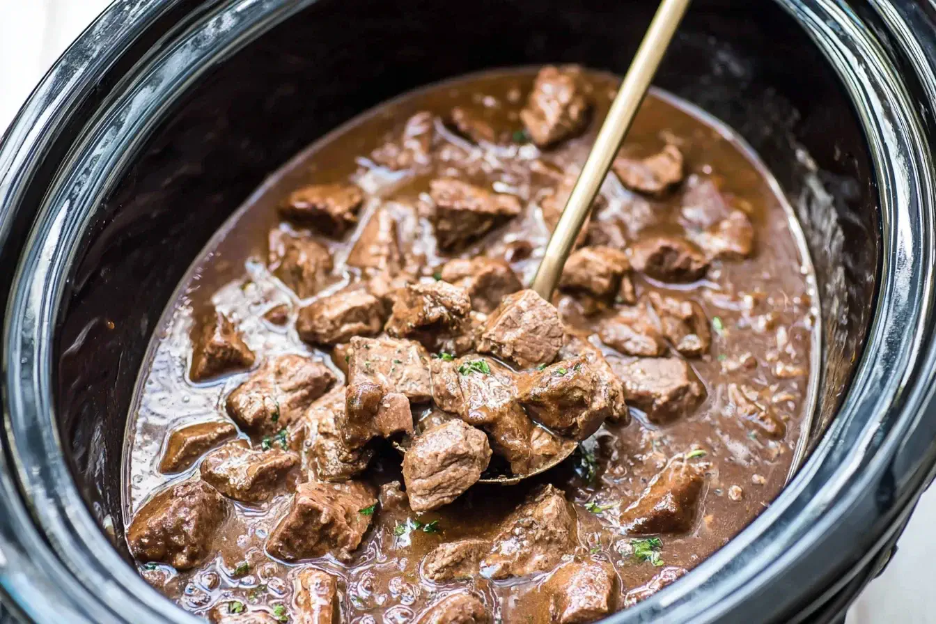 Tender Crock Pot Beef Tips and Gravy simmering in a slow cooker with rich, savory brown gravy and juicy beef chunks.
