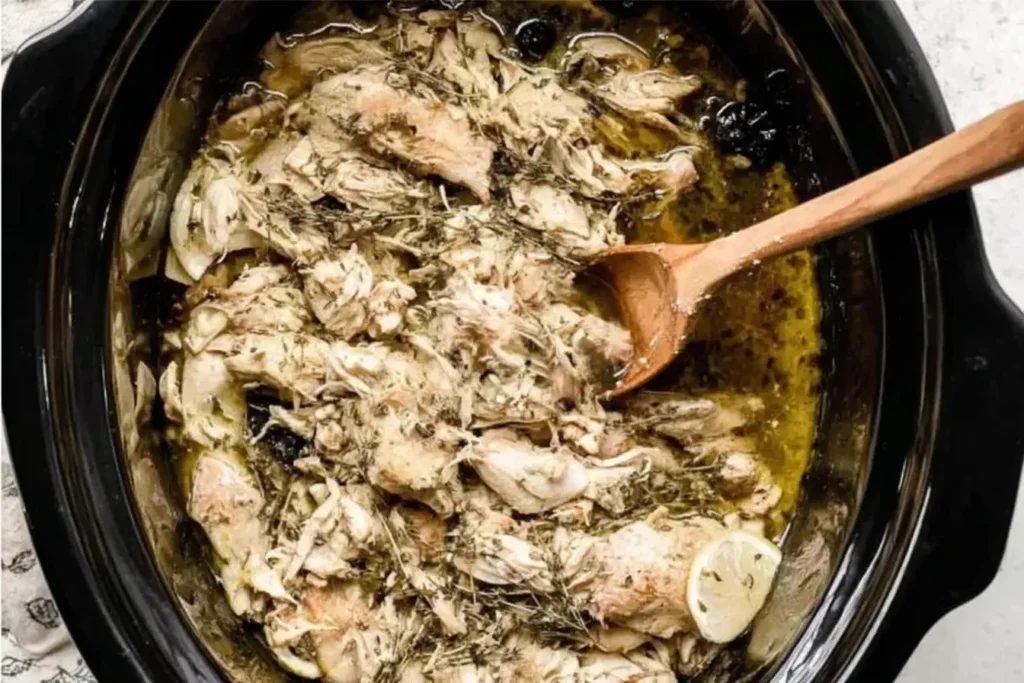 Slow Cooker Greek Chicken cooking in a crockpot with herbs, lemon slices, and a wooden spoon.