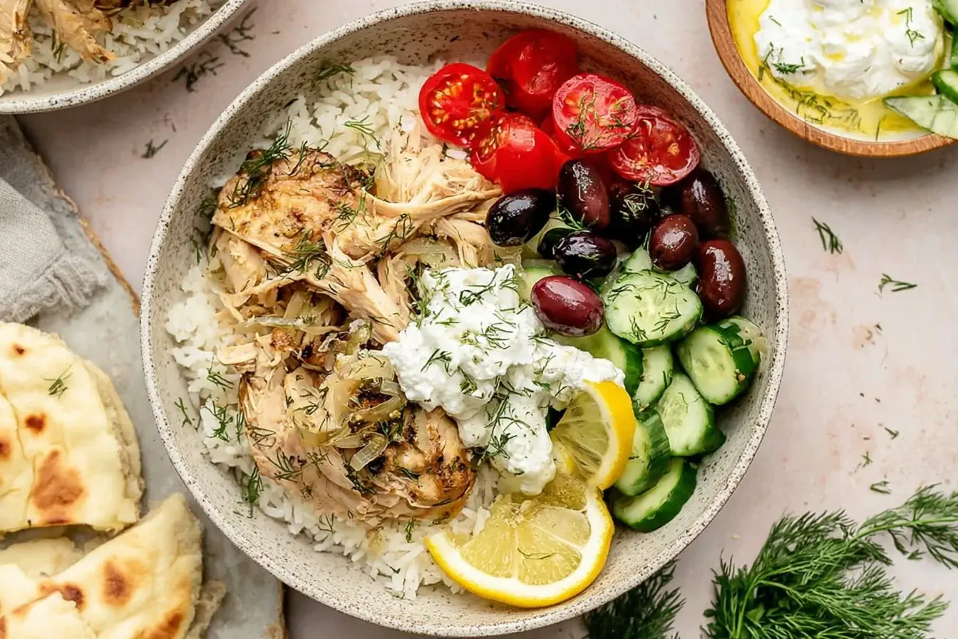 Slow Cooker Greek Chicken served with rice, cucumbers, olives, tomatoes, and tzatziki sauce in a bowl.