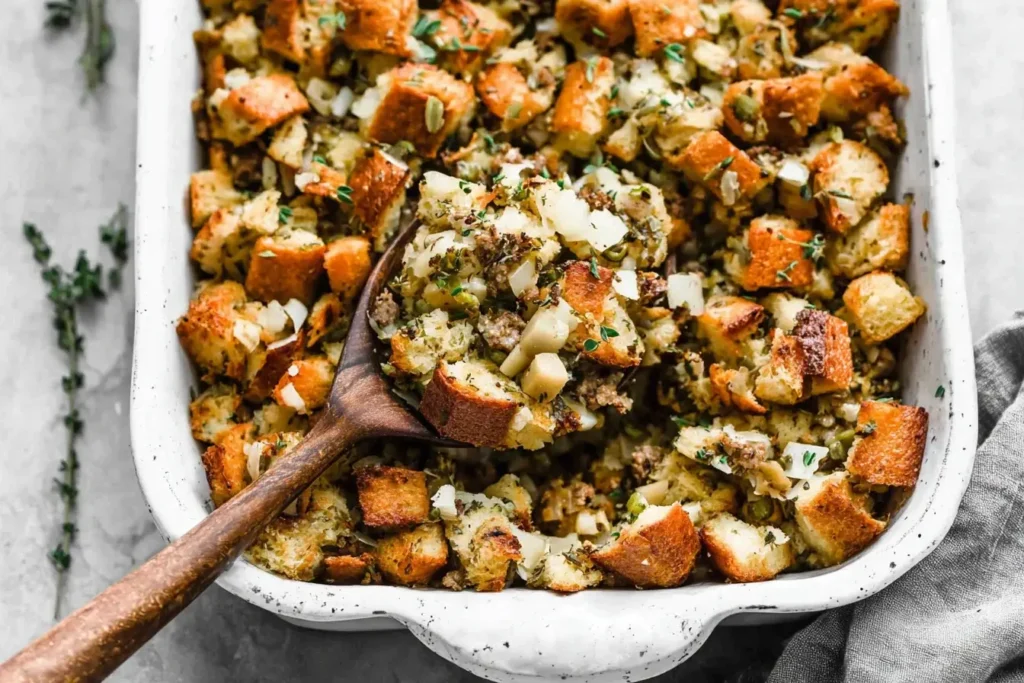 Homemade Thanksgiving stuffing with golden bread cubes, herbs, and sausage served in a rustic white baking dish.