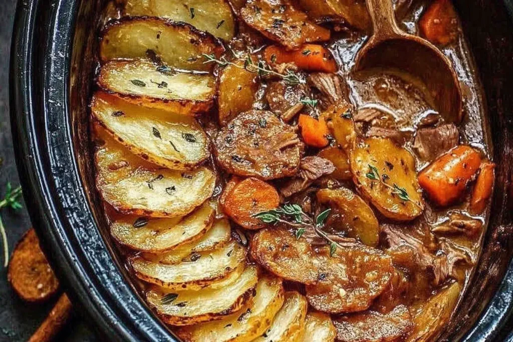 Slow Cooker Welsh Lamb Hotpot with golden potato slices, tender lamb, carrots, and thyme in a rich brown gravy inside a crockpot