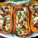 Stuffed Butternut Squash with Spinach, Bacon, and Cheese baked until golden brown and creamy, topped with crispy bacon and fresh herbs.