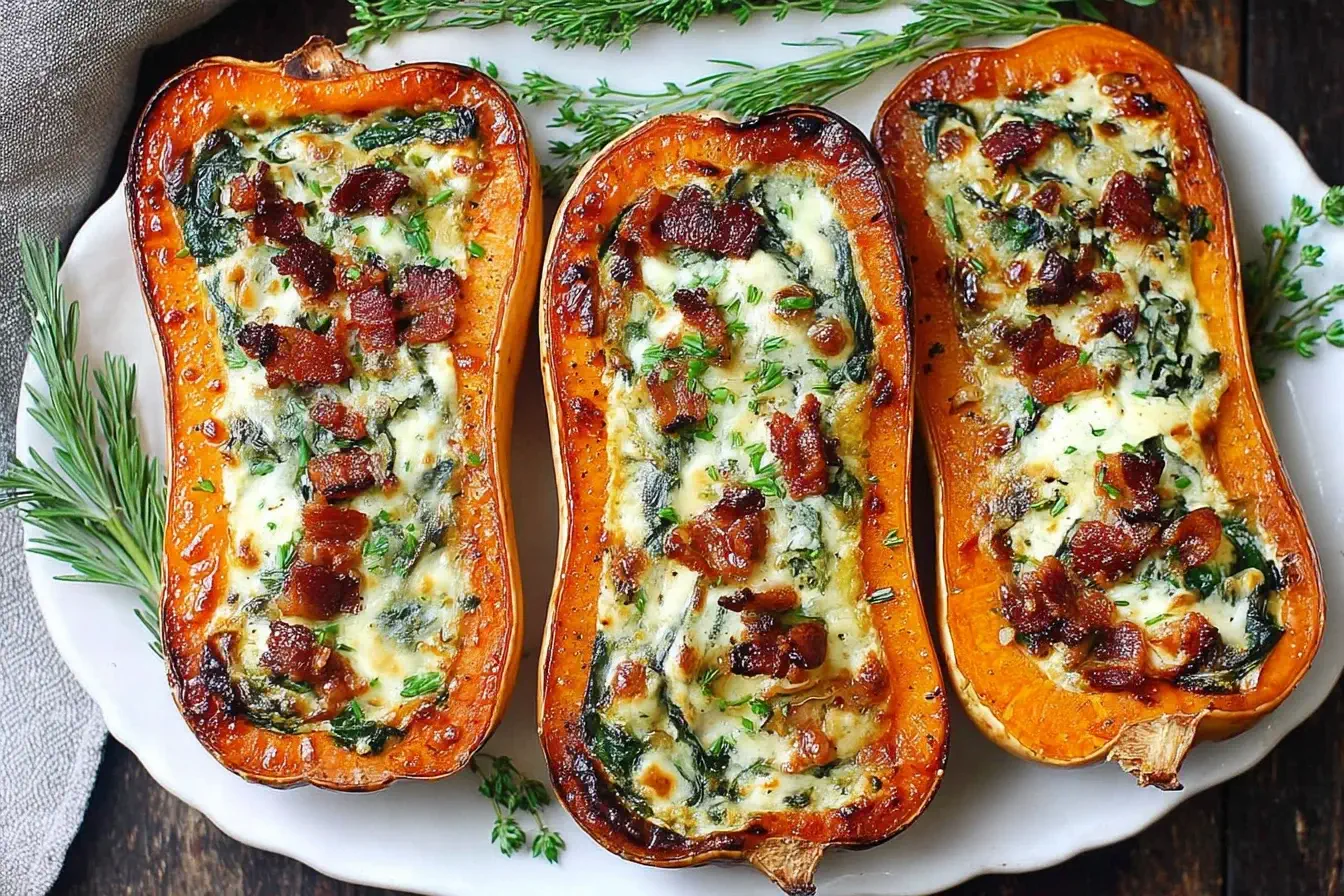 Stuffed Butternut Squash with Spinach, Bacon, and Cheese baked until golden brown and creamy, topped with crispy bacon and fresh herbs.
