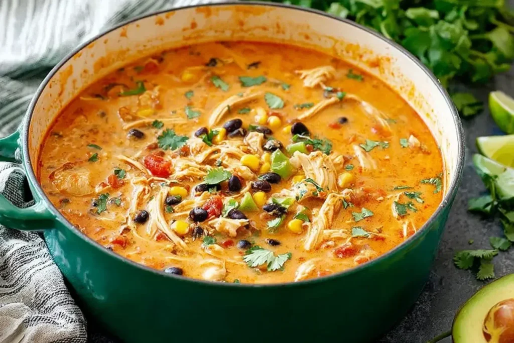 Chicken Enchilada Soup simmering in a green pot with shredded chicken, black beans, corn, and cilantro