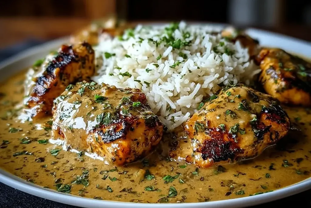 Creamy Smothered Chicken and Rice with golden seared chicken thighs in rich gravy served beside fluffy white rice and topped with fresh herbs.