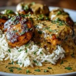 Creamy Smothered Chicken and Rice served over fluffy white rice with rich gravy and fresh parsley garnish.
