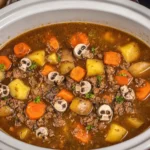Close-up of Witches Brew Stew in a slow cooker with skull-shaped mushrooms, carrots, potatoes, and beef simmering in a rich broth.