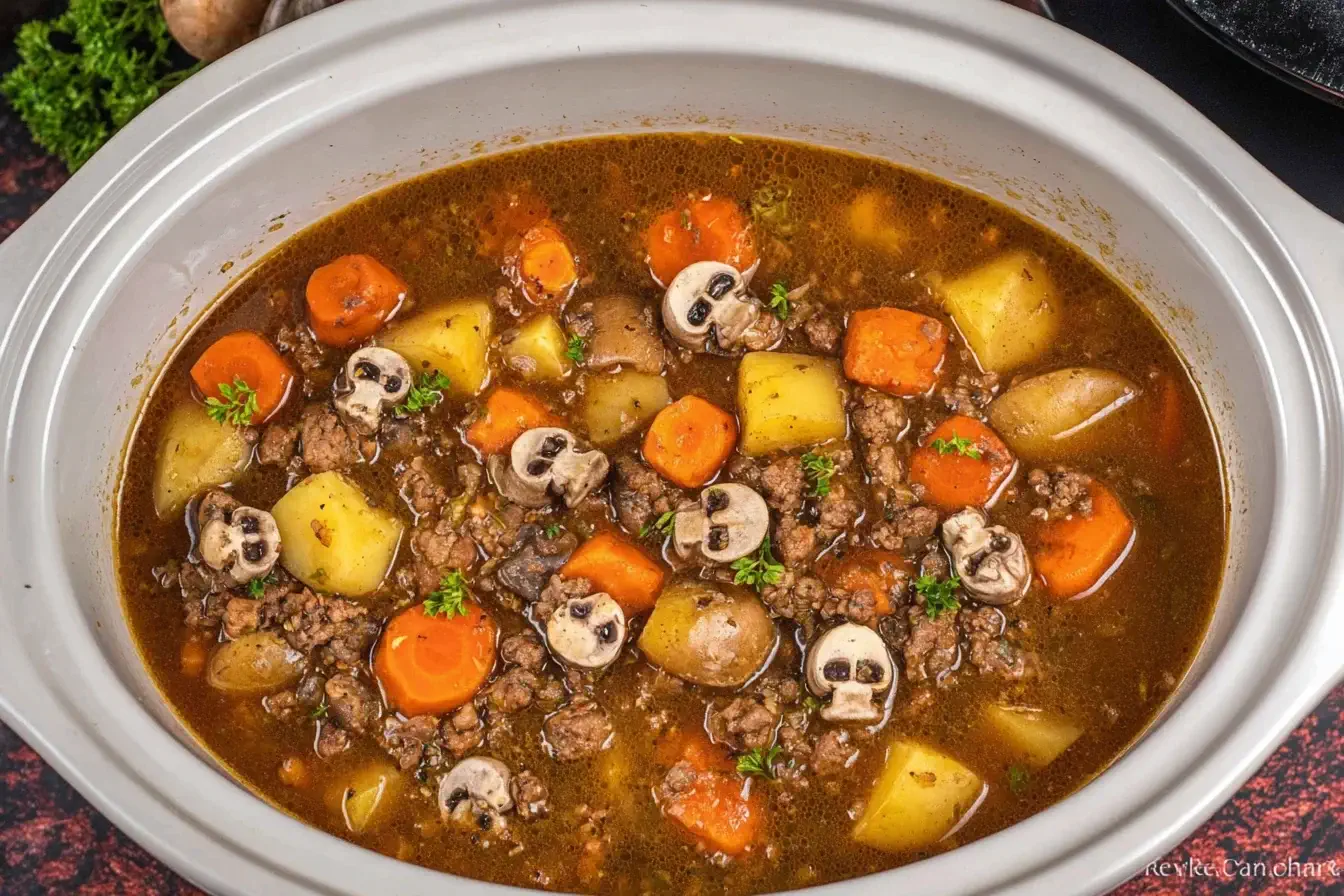 Close-up of Witches Brew Stew in a slow cooker with skull-shaped mushrooms, carrots, potatoes, and beef simmering in a rich broth.