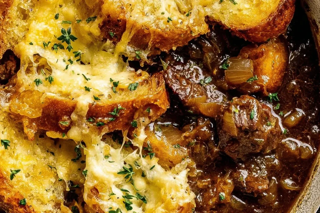 Close-up of rich French Onion Beef Stew topped with melted Gruyere cheese, caramelized onions, and toasted baguette slices.