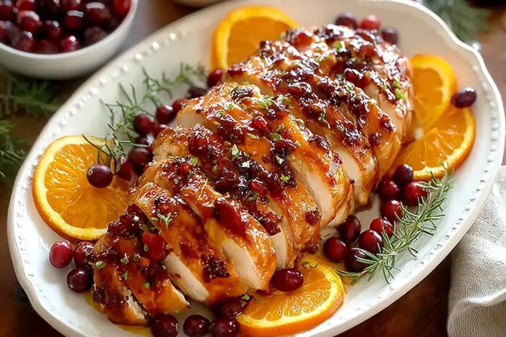 Cranberry Orange Glazed Turkey Breast sliced on a platter with fresh cranberries, orange slices, and rosemary for a festive holiday meal.