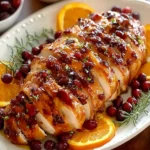 Cranberry Orange Glazed Turkey Breast sliced on a platter with fresh cranberries, orange slices, and rosemary for a festive holiday meal.