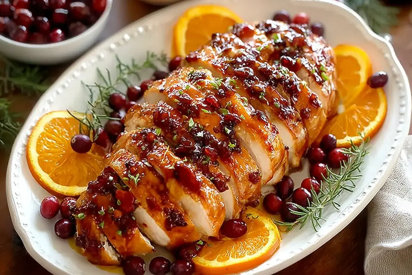 Cranberry Orange Glazed Turkey Breast sliced on a platter with fresh cranberries, orange slices, and rosemary for a festive holiday meal.